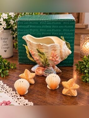 Vintage 1990s Fitz & Floyd Oceana Shell Butter Server 68/42 + S&P Shakers w/ Box